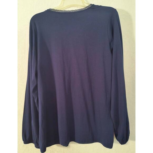 Susan Graver Weekend Embroidered Top Women's Sz L Navy Blue Long Sleeve Popover - Picture 9 of 14